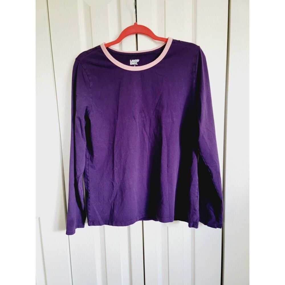 Lands‎ End M Purple Top Long Sleeve Cotton Stretch Pink Neck Trim Round Neck